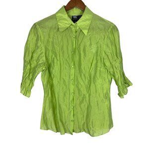 Worth Blouse Top Medium Green Silk Blend Crinkle Button Up 3/4‎ Scrunch Sleeve M
